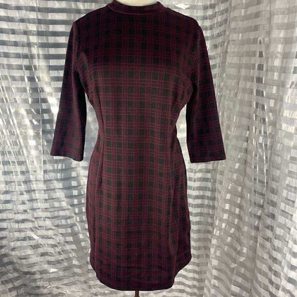 Allegra K Burgundy/Black Plaid Quarter Length Sleeve Dress - Picture 1 of 5